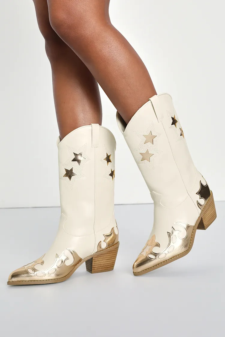 Nico Ivory & Gold Metallic Pointed-Toe Western Mid-Calf Boots | Lulus