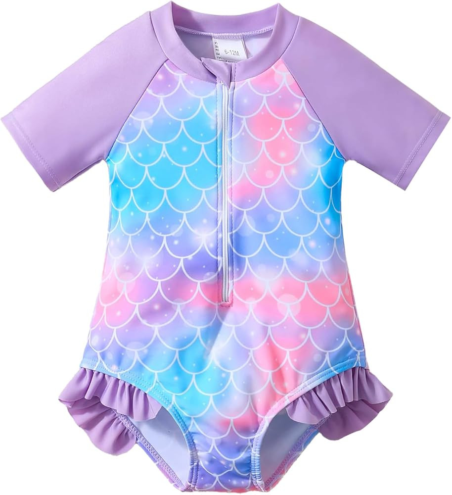 Toddler Baby Girls One Piece Swimsuit Bathing Suit Short Sleeve Rash Guard Swimwear with UPF 50+ ... | Amazon (US)