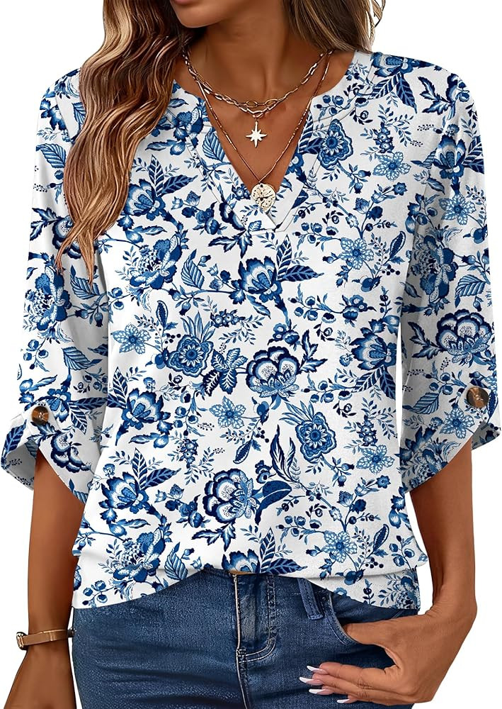 Kistore Womens 3/4 Length Sleeve Tunic Tops Casual V Neck Shirts Business Work Blouses Trendy Flo... | Amazon (US)