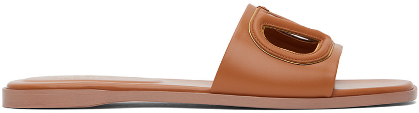 Valentino Garavani Tan VLogo Cutout Calfskin Slide Sandals | SSENSE