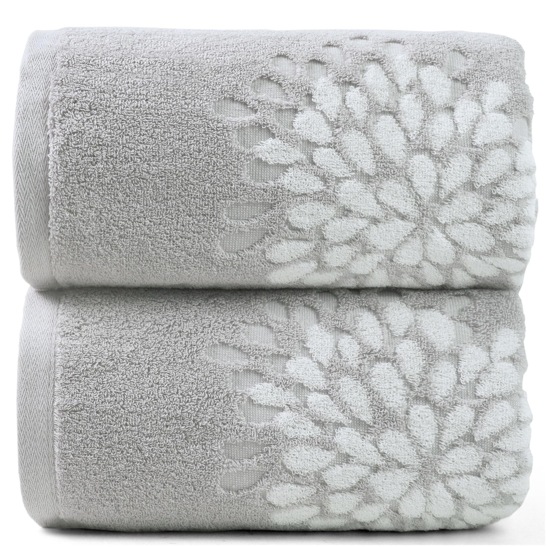 Cute Bath Towels Set of 2 (Light Grey) - Large 55” x 28”, Decorative Hydrangea Floral Jacquar... | Amazon (US)