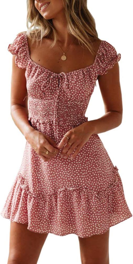 Womens Summer Ruffle Sleeve Sweetheart Neckline Printing Dress Mini Dress | Amazon (US)