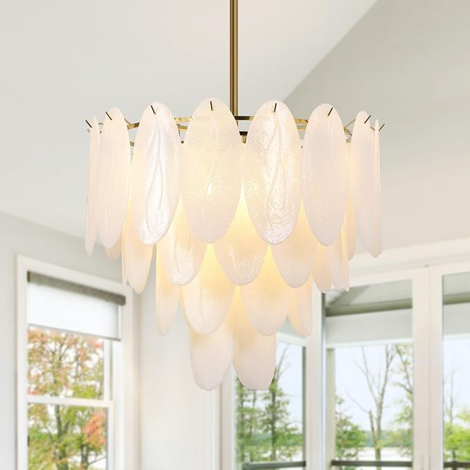 Modern Glass Chandeliers, 9-Lights Gold Dining Room Light Fixture,26.8" Round Leaf-shaped glass C... | Amazon (US)