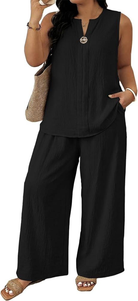 Eytino Plus Size 2 Piece Sets for Women Summer Travel Vacation Outfits Sleeveless Tops Wide Leg P... | Amazon (US)