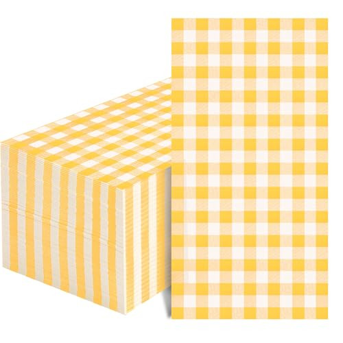 100 Pcs Yellow Gingham Napkins - Yellow and White Checkered Paper Napkins Disposable Yellow Dinner Napkins for Picnic Easter BBQ Birthday Wedding Party | Amazon (US)