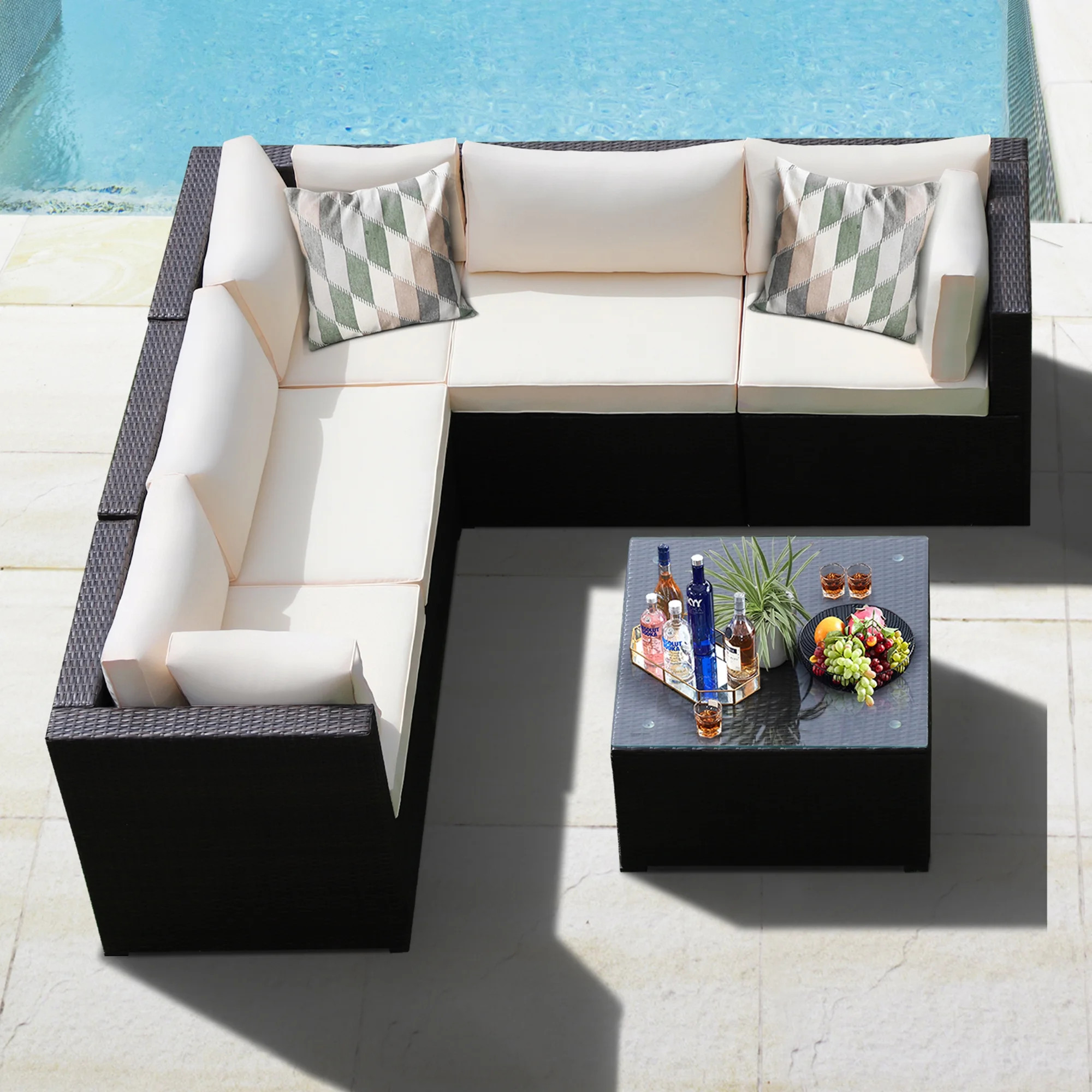 Gymax 6PCS Rattan Patio Sectional Sofa Conversation Set Outdoor w/ Beige Cushions | Walmart (US)