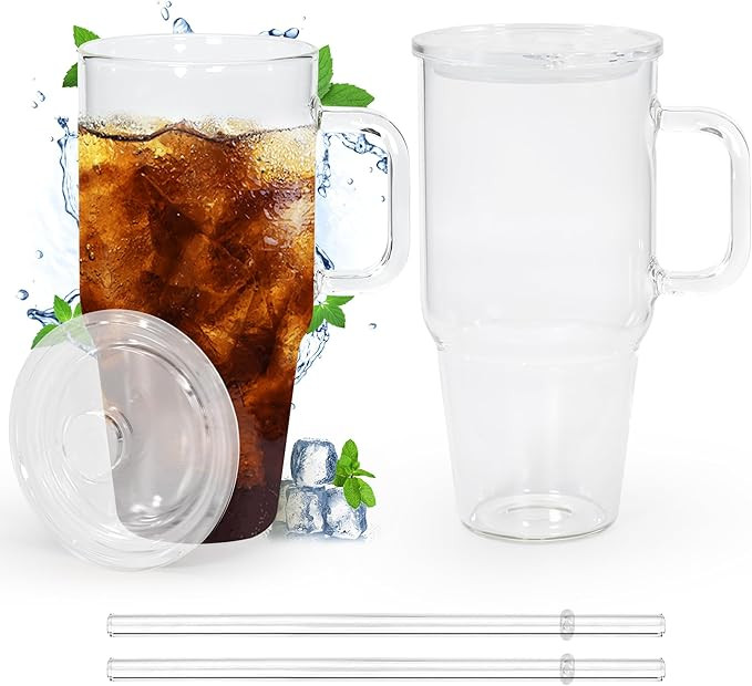 20 oz Glass Tumbler with Handle 2 Pack Glass Cups with Lids and Straws Wide Mouth Iced Coffee Cup... | Amazon (US)