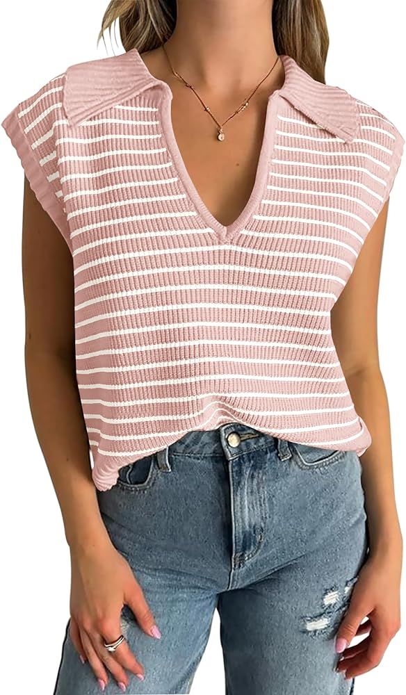 NENONA Women's V Neck Cap Sleeve Summer Sweater Tops 2024 Striped Casual Loose Knit Vest | Amazon (US)