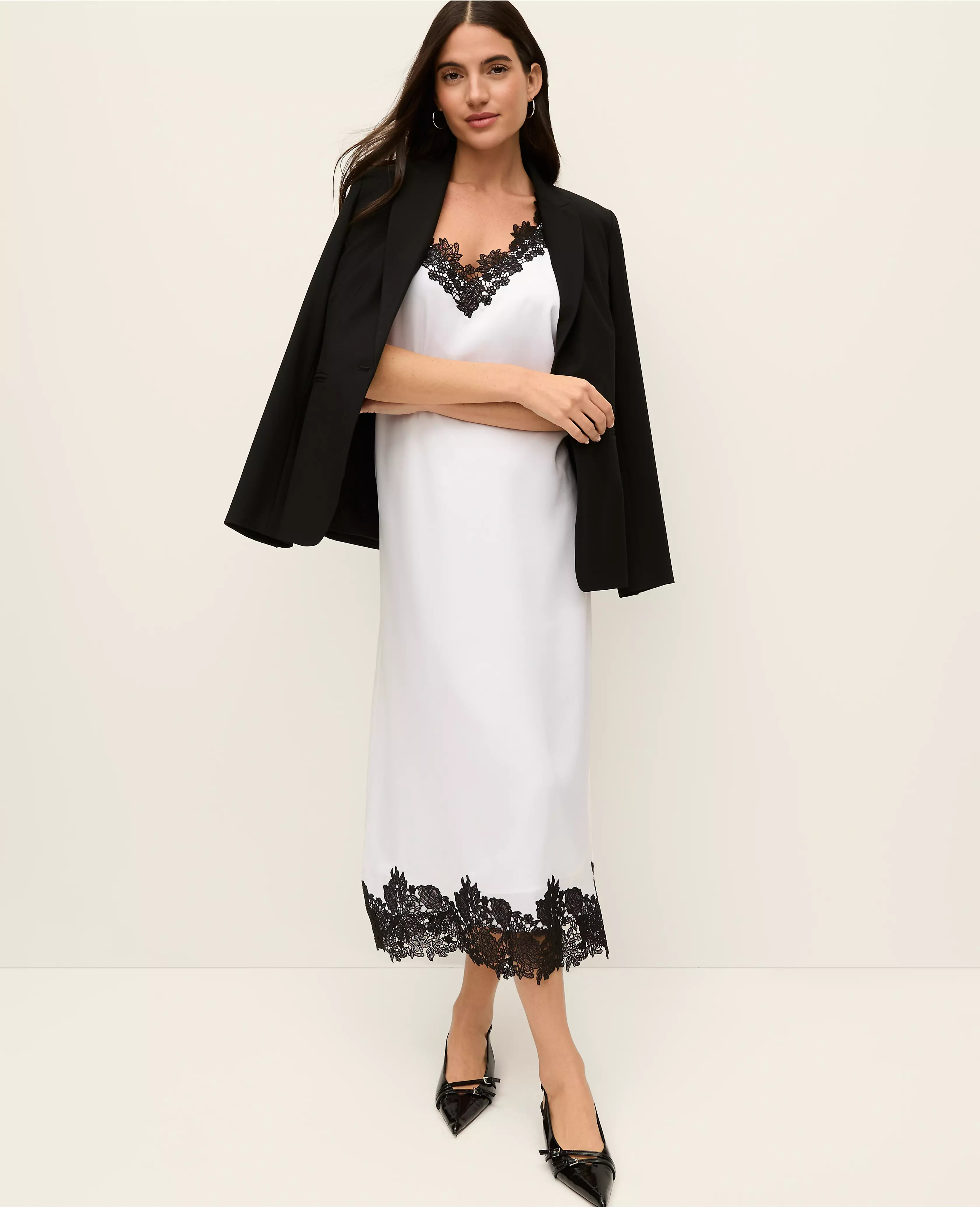 Lace Trim Satin Slip Midi Dress | Ann Taylor