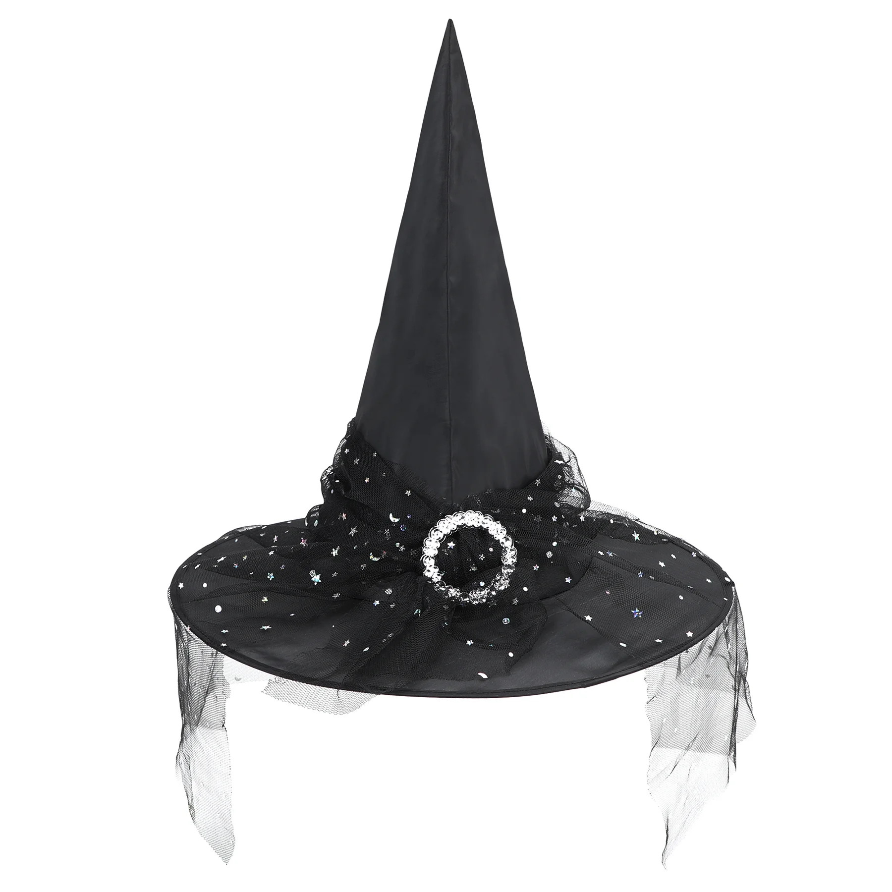 Zando Black Witch Hat with Veil Wide Brim Wizard Hats Foldable Pointed Witches Hats - Walmart.com | Walmart (US)