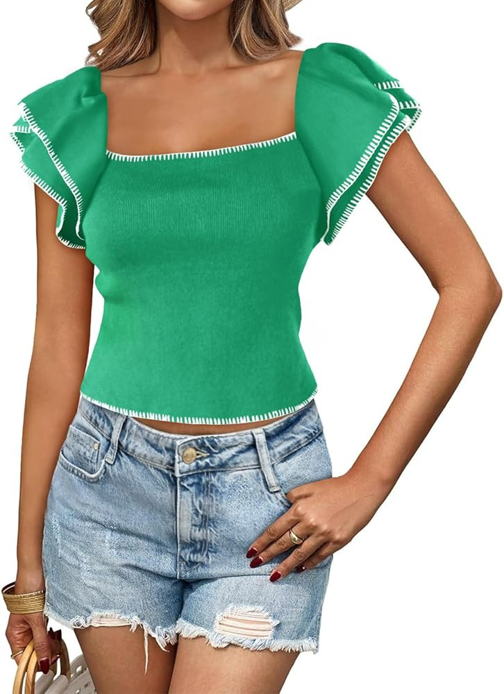 Saodimallsu Womens Cropped Ruffle Short Sleeve Sweater Square Neck Crop Knit Tops Summer Lightwei... | Amazon (US)