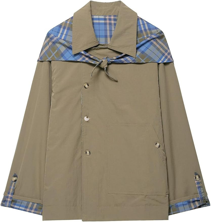 Womens Reversible Cropped Trench Coat 2026 Fall Fashion Notch Collar Plaid Oversized Short Jacket... | Amazon (US)