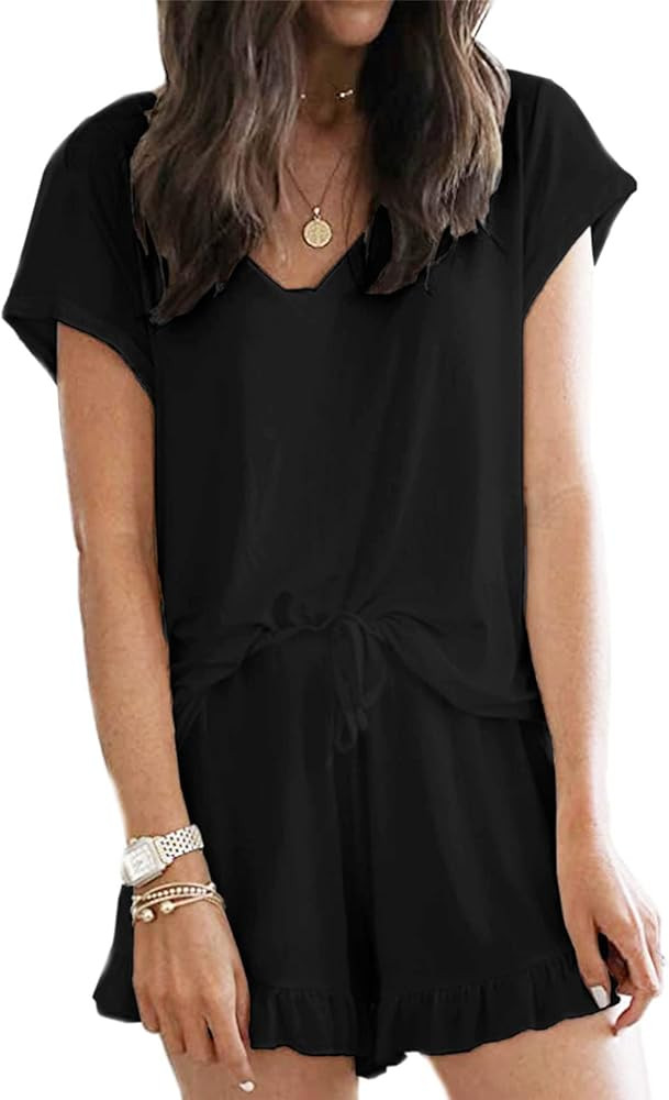 LuckyMore Women's Pajama Short Sleeve Sleepwear Soft Pj Set V Neck Top and Shorts Pajamas Set | Amazon (US)