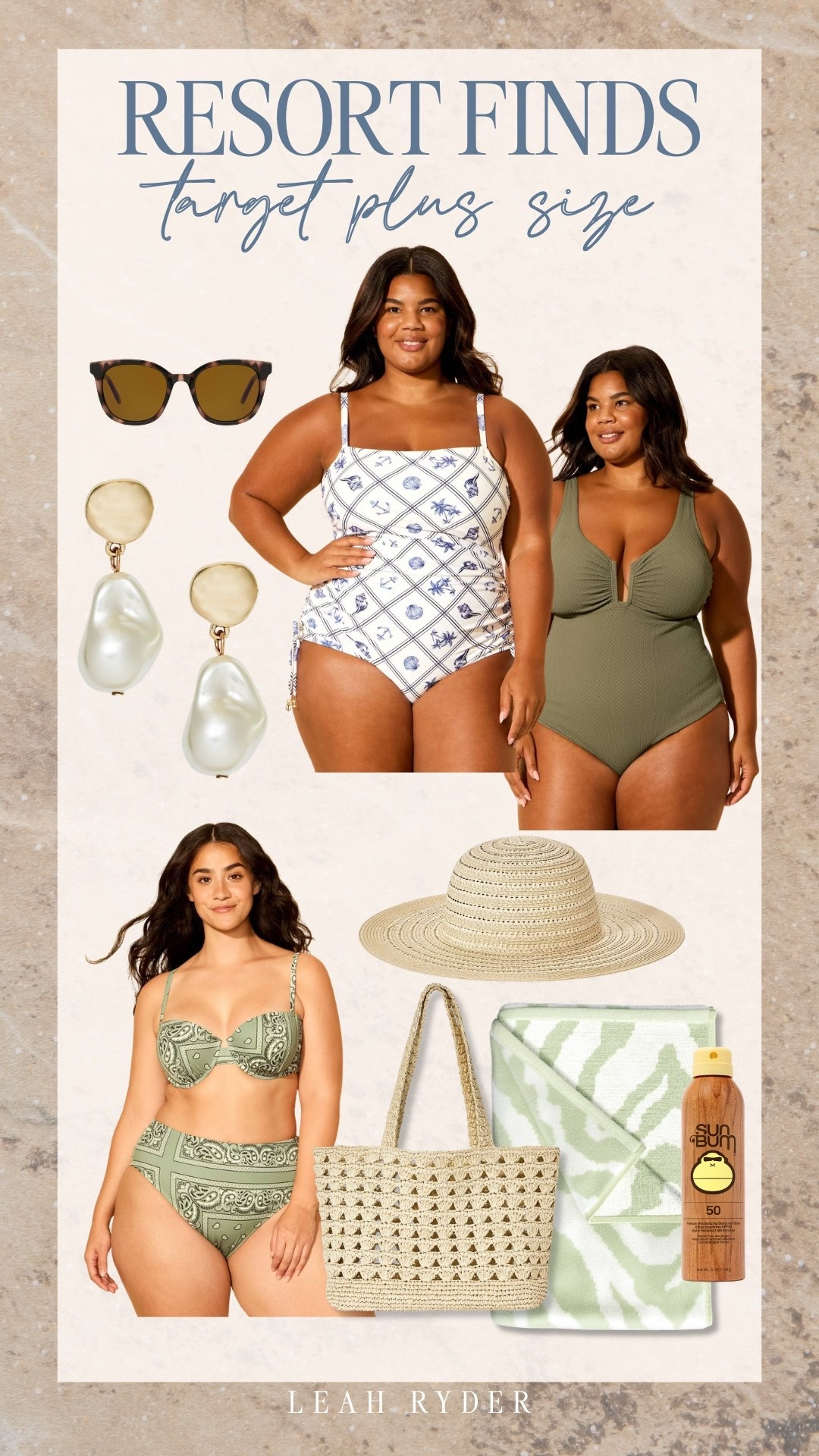 These Target plus size resort finds include one-piece swimsuits, supportive bikini sets, oversized sunglasses, woven totes, and beach accessories. Perfect for beach vacations, pool days, tropical trips, and summer travel outfits. Flattering cuts, neutral tones, and textured fabrics create versatile plus size swim and resort styling. Affordable Target plus size swimwear and vacation accessories for warm-weather looks.

#LTKPlusSize #LTKTravel