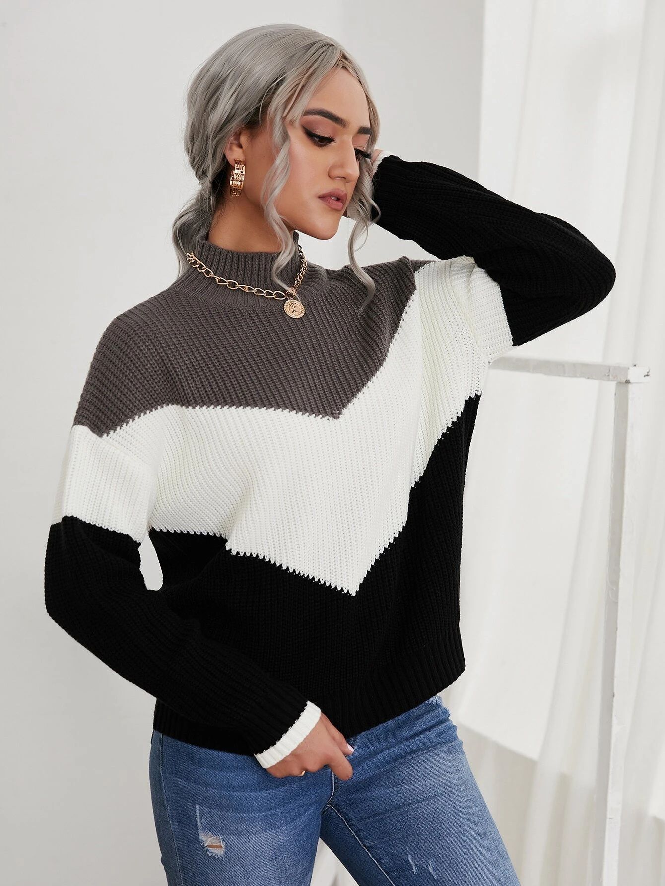Color Block Chevron Pattern Mock Neck Drop Shoulder Sweater | SHEIN