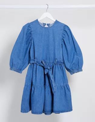 ASOS DESIGN denim mini smock dress with self belt in mid wash blue | ASOS (Global)