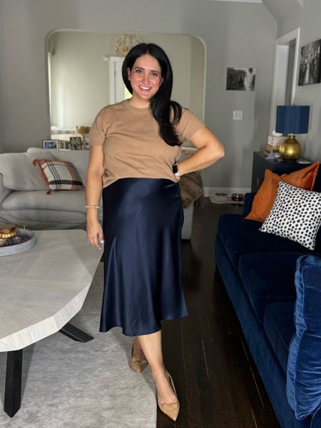 This skirt has an elastic waistband and is 100% washable. So pretty and elegant! Sweater is cashmere and so adorable. Wearing a L in the skirt and an XL in the sweater 

#LTKmidsize #LTKSeasonal #LTKworkwear