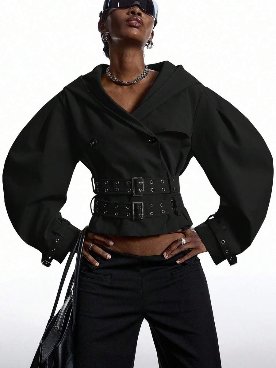 LYSMO 2025 New Minimalist Autumn Women's Black Fashion Exaggerated Design Oversized Hood Long Sle... | SHEIN