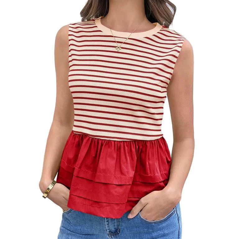 Summer Stripe Print Women Sleeveless Patchwork Slim Tank Tops Ruffle Vest | Walmart (US)