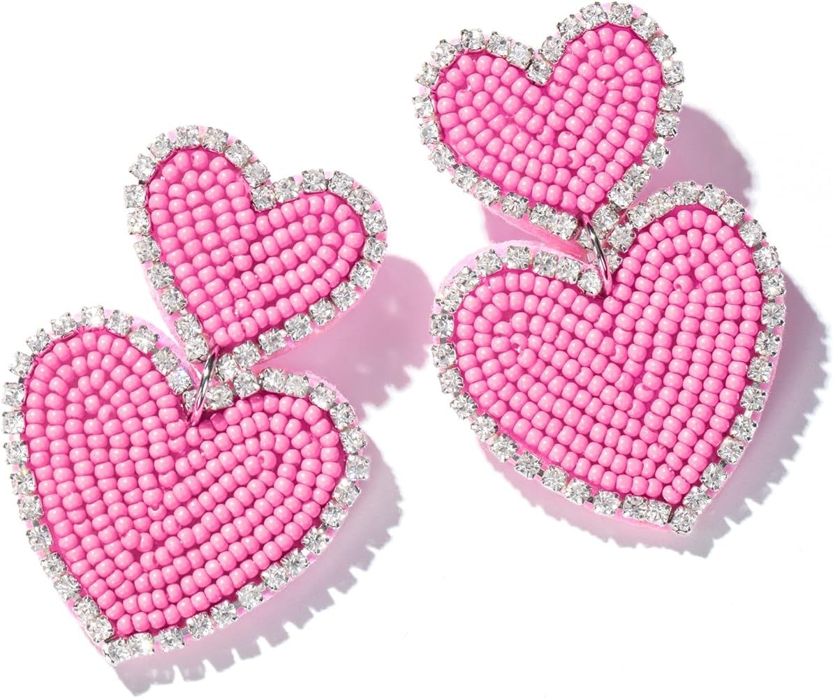 POFILALA Beaded Heart Shaped Dangle Earrings - Zinc Metal, Handmade, Statement Earrings, Valentin... | Amazon (US)