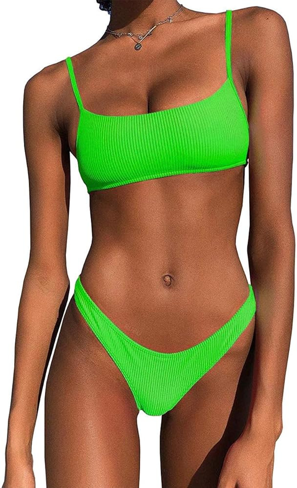 Bikini Set Ribbed Neon Scoop Crop Top High Cut 2 Piece Brazilian Sporty Swimsuits for Women | Amazon (US)