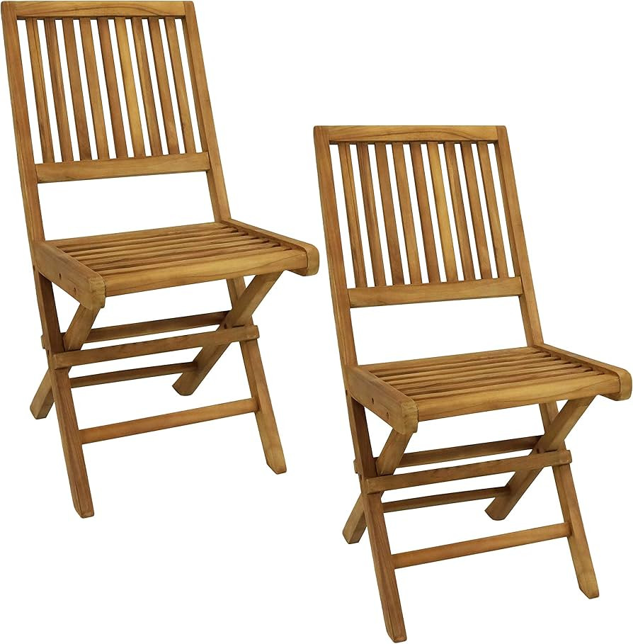Sunnydaze Nantasket Solid Teak Outdoor Folding Dining Chairs - Light Wood Stain Finish - 2 Chairs | Amazon (US)
