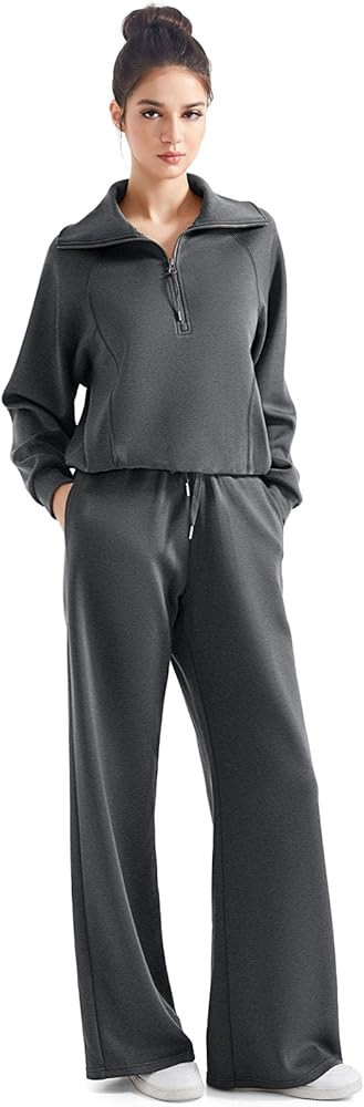 SUUKSESS Women 2 Piece Lounge Matching Set Wide Leg Sweatpant Half Zip Sweatshirt | Amazon (US)