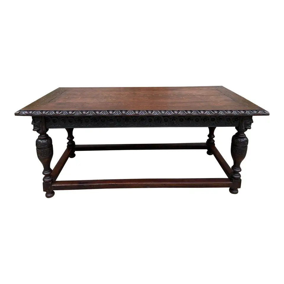 Antique French Renaissance Carved Oak Library Center Table Console Island c1880 | 1stDibs