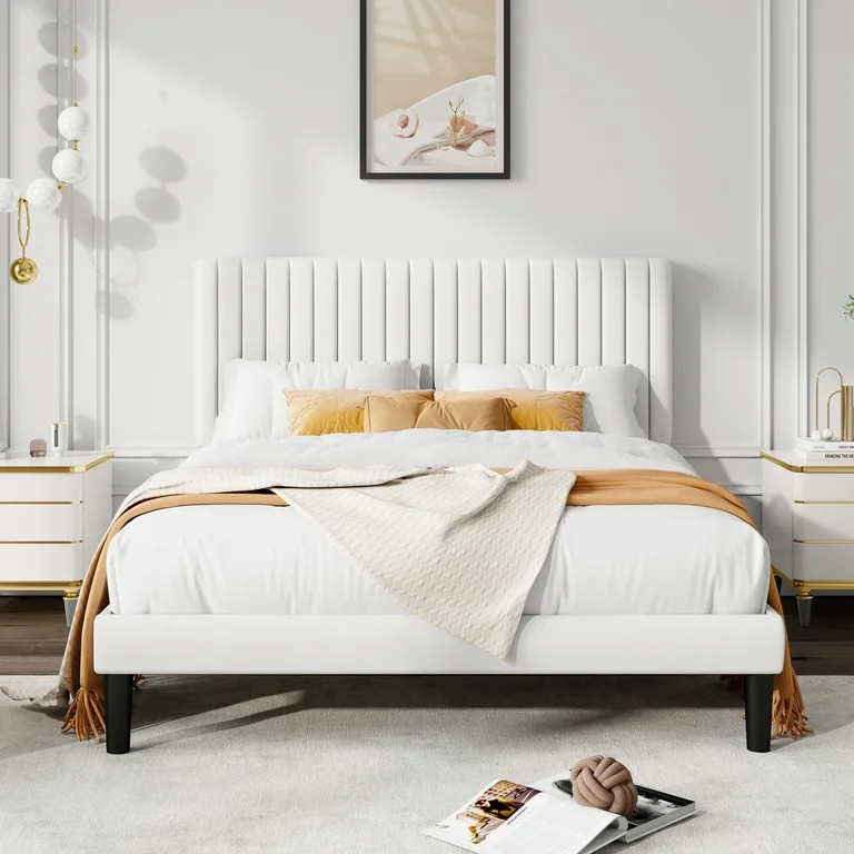 Allewie Queen Size Velvet Upholstered Platform Bed Frame with Adjustable Vertical Channel Tufted ... | Walmart (US)