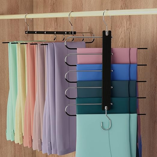Wooden Pants Hangers Space Saving - 2 Pack Stainless Steel Clothes Pants Hangers - 5 Tier Multifu... | Amazon (US)