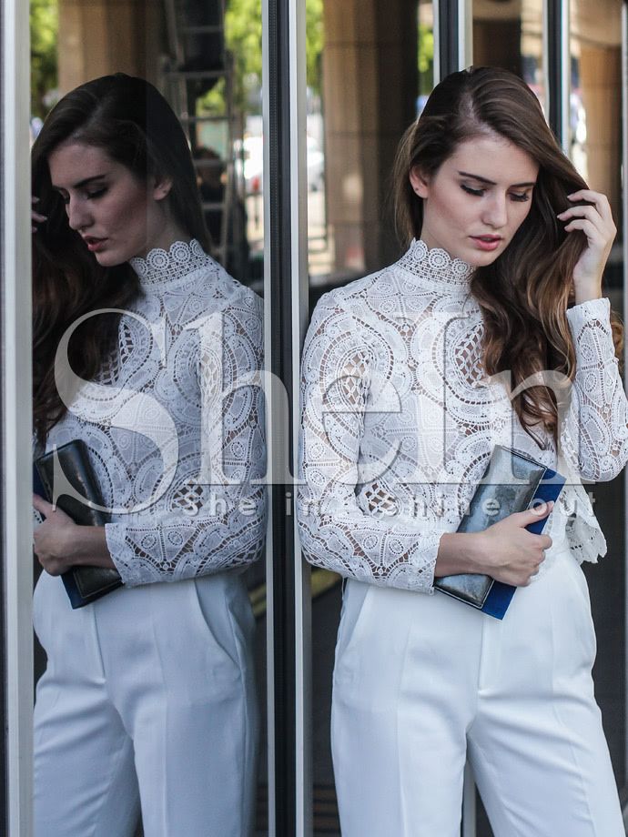 White Long Sleeve Hollow Lace Blouse | SHEIN