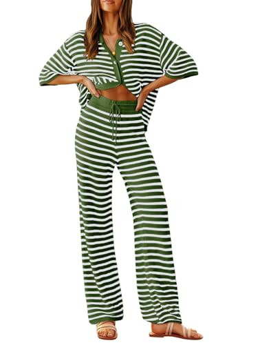 Tankaneo Womens Knit 2 Piece Lounge Sets Striped Short Sleeve Tops and Wide Leg Pants Travel Airport Vacation Outfits Army Green | Amazon (US)