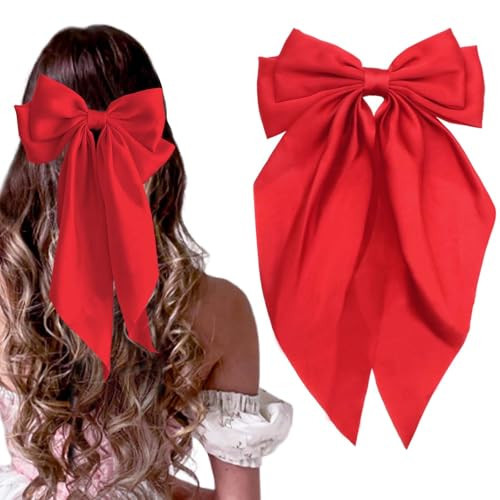 STGDAK Hair Bows Classic Bow Clips Red Ribbon Bow Barrettes Large Bowknot Clip Satin Bowknot French Barrette Long Tail Back To School Cute Hair Accessories For Girls Women Teens | Amazon (US)