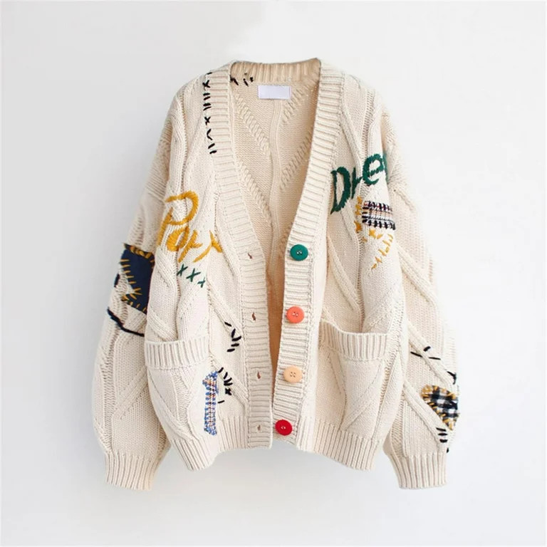 Pitauce Womens Oversized Cardigan Sweater Button Down Long Sleeve Cable Knit Embroidery Sweaters ... | Walmart (US)