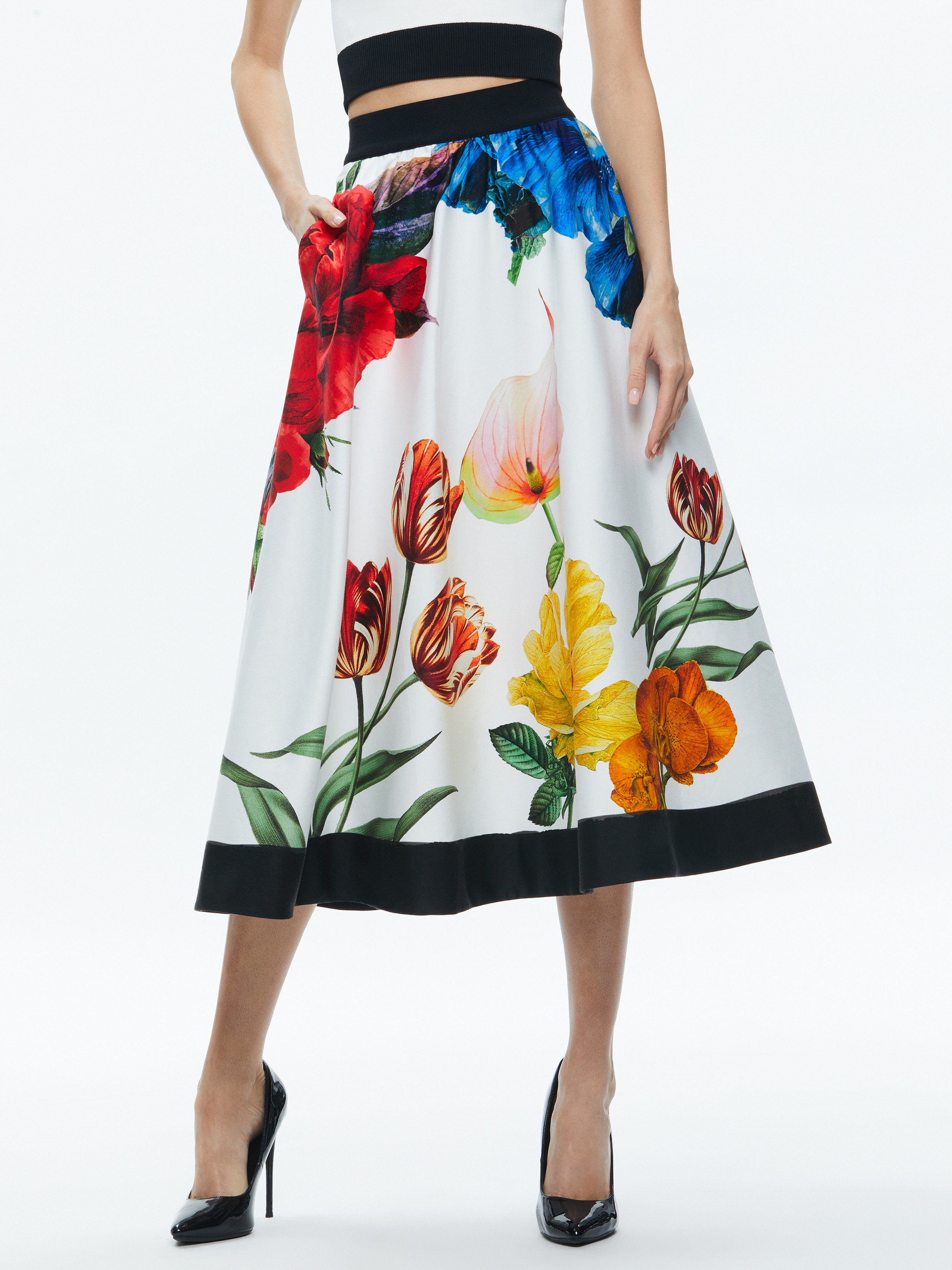 EARLA HIGH RISE FLARED MIDI SKIRT | Alice + Olivia