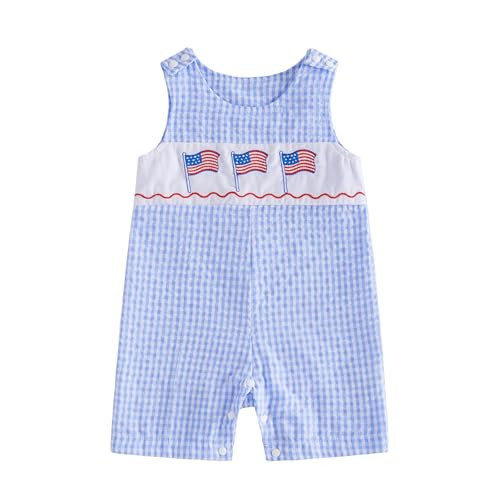 Yuufuniy Baby Boy 4th Of July Outfit American Flag Sleeveless Romper Plaid Jumpsuit Overalls Fourth Of July Baby Clothes (Flag-Blue, 18-24 Months) | Amazon (US)