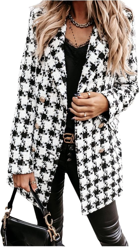 utcoco Womens 2024 Fashion Tweed Blazers Business Casual Double Breasted Open Front Plaid Blazer ... | Amazon (US)