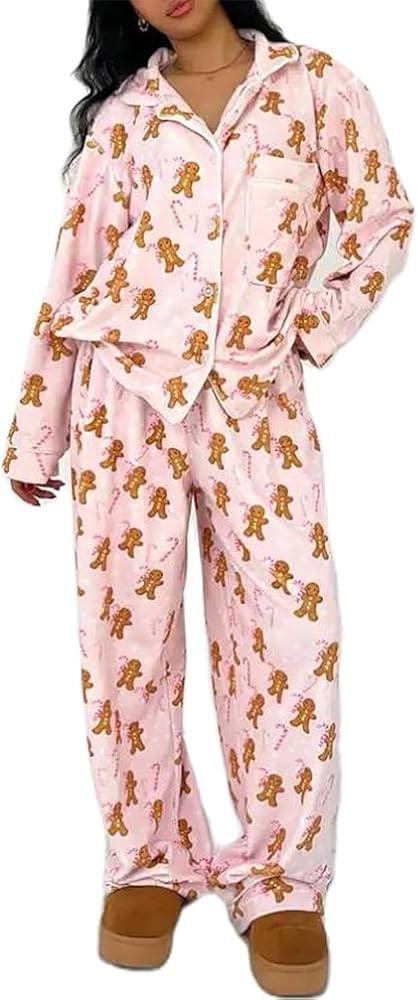 Women Cute Santa Christmas Soldier Satin Silky Pajama Set 2 Piece Loungewear Y2k Button Up Blouse... | Amazon (US)