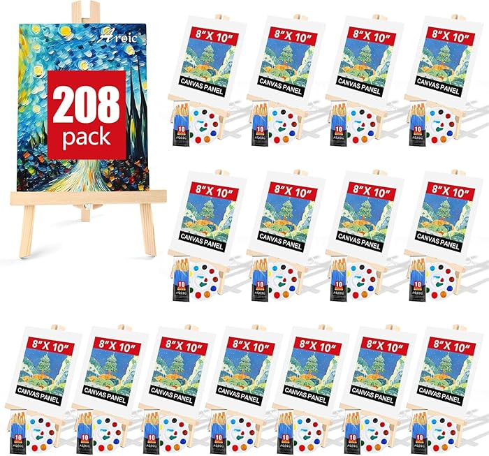 AROIC 208 Pack Easel and Canvas Sets with 16 Wood Easels,160 Brushes,16 Canvas and 16 Palette, Pa... | Amazon (US)