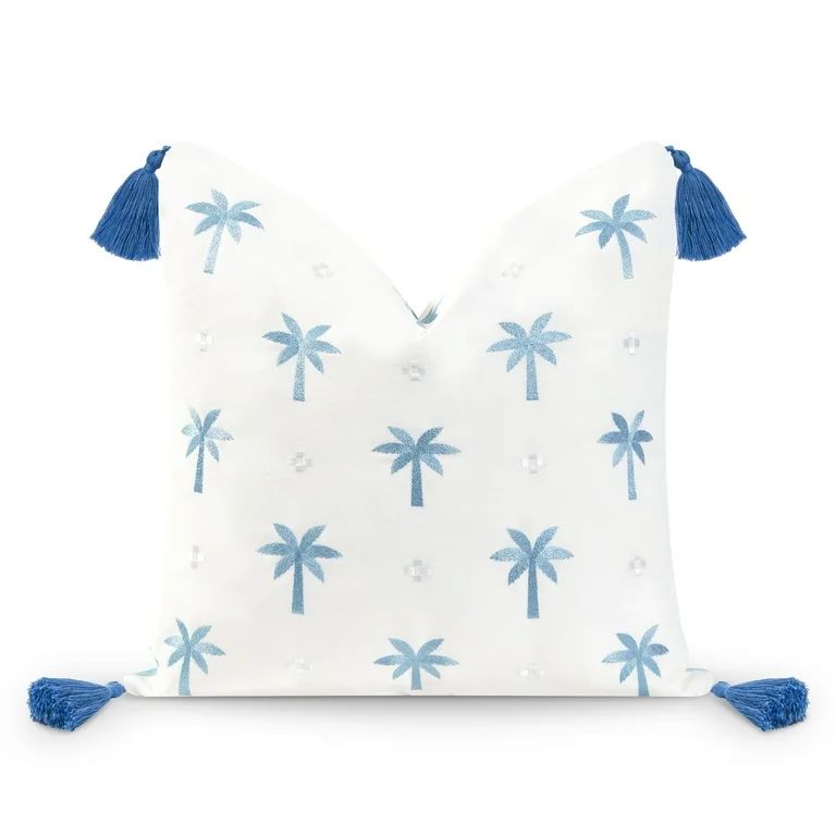 Hofdeco Premium Coastal Hampton Style Patio Indoor Outdoor Pillow Cover Only, 20"x20" Water Resistant for Backyard, Couch, Baby Blue Embroidered Palm Tree Tassel | Walmart (US)