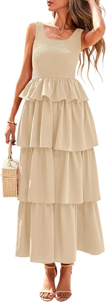 PRETTYGARDEN Womens 2025 Summer Sleeveless Midi Dress Scoop Neck A Line Smocked Ruffle Tiered Lay... | Amazon (US)