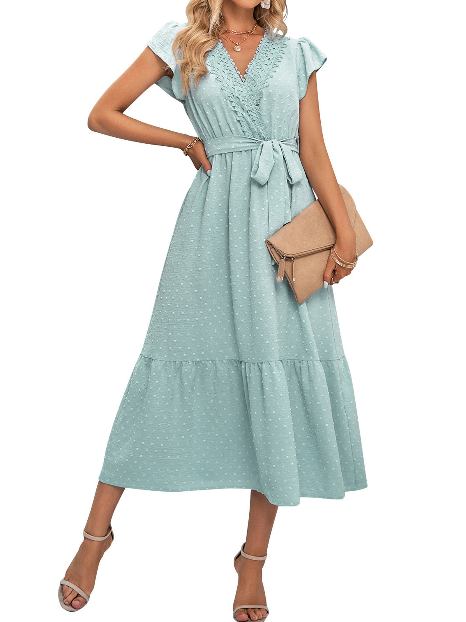 Summer Dresses for Women V Neck Midi Dress with Belt dress Swiss Dot Lace Trim | Walmart (US)