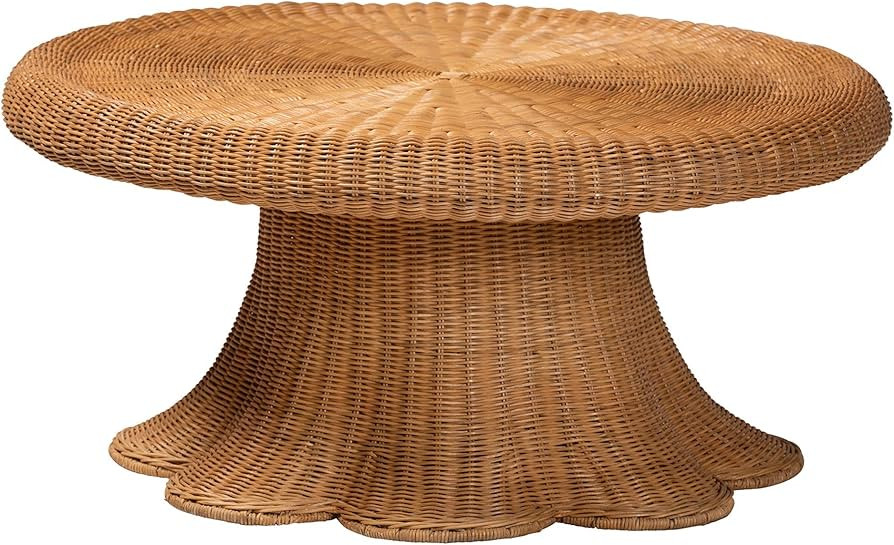 Bali & pari Avalon Natural Rattan Round Coffee Table with Scalloped Pedestal Base – Coastal Boh... | Amazon (US)