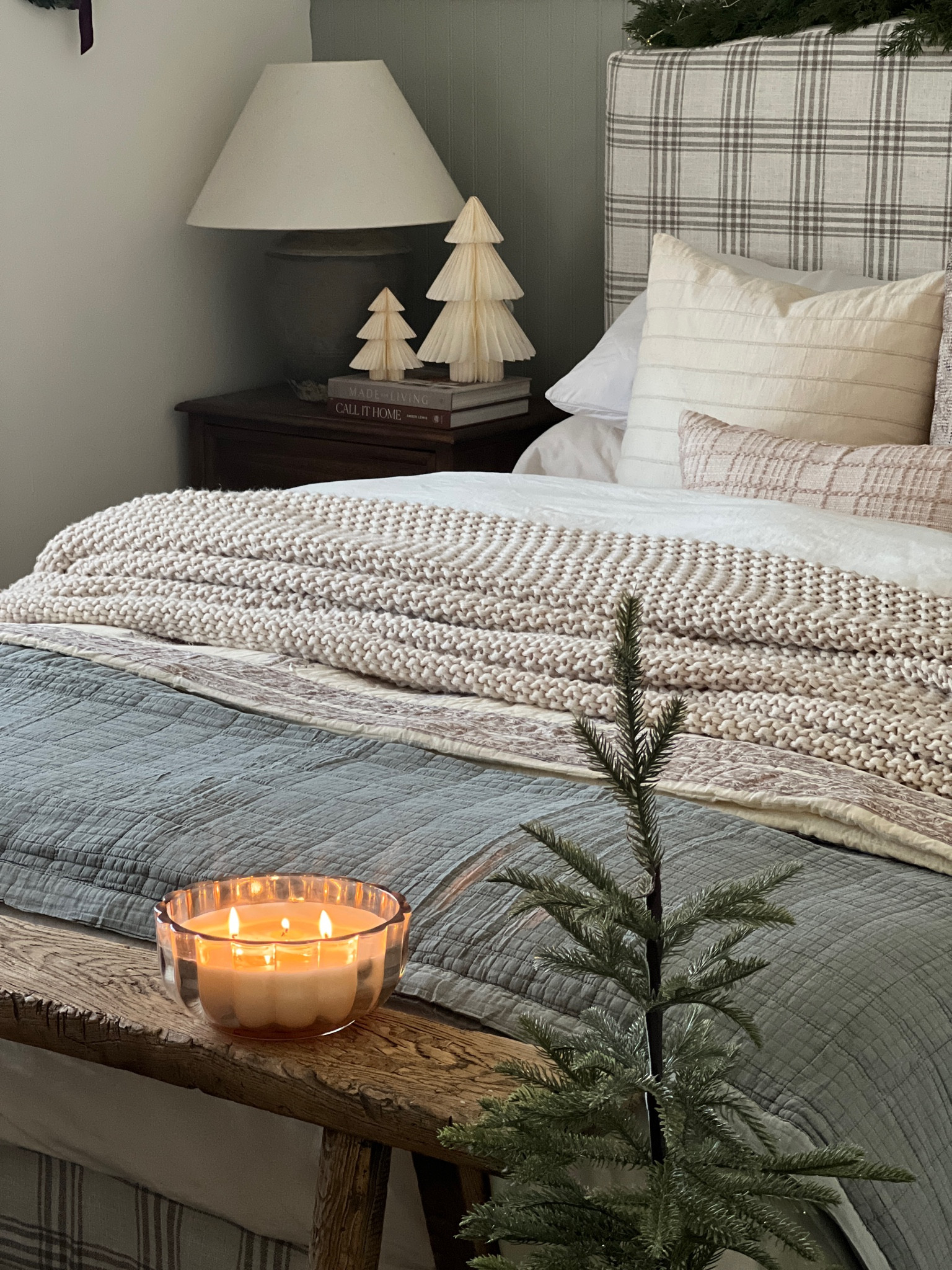 Christmas bedroom styling neural organic modern, target finds Walmart finds Amazon layered bedding fluted candle paper trees green plaid neutral 

#LTKHome