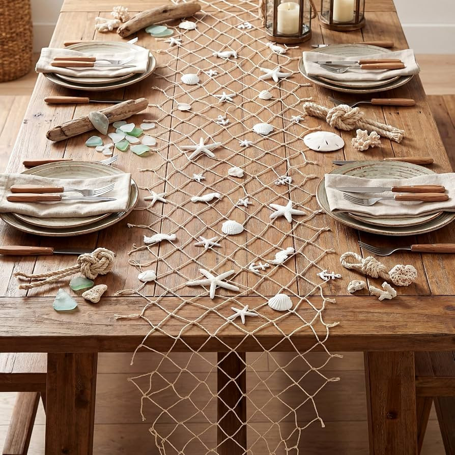 LemonRoad 13 x 72 Inch Nautical Fish Net Table Runner Fish Net Decoration with 34 Pcs Starfish Se... | Amazon (US)