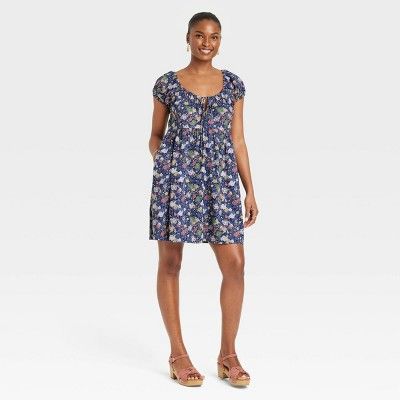 Women&#39;s Puff Short Sleeve Day Dress - Universal Thread&#8482; Navy Blue Floral M | Target