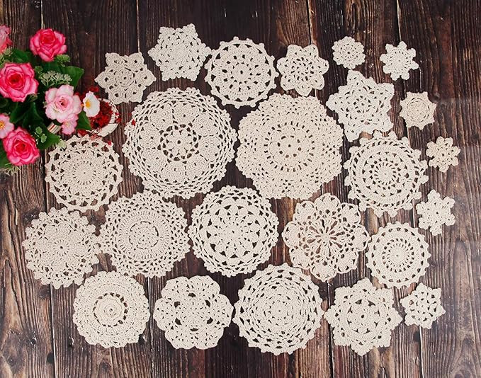 100% Cotton Handmade Crochet Doilies Cup Mat Pad Coaster 24 Vintage Crochet Motifs 2-7 inches Bei... | Amazon (US)