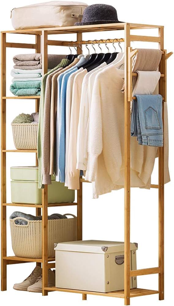 Ufine Bamboo Garment Rack 6 Tier Storage Shelves Clothes Hanging Rack with Side Hooks, Heavy Duty... | Amazon (US)