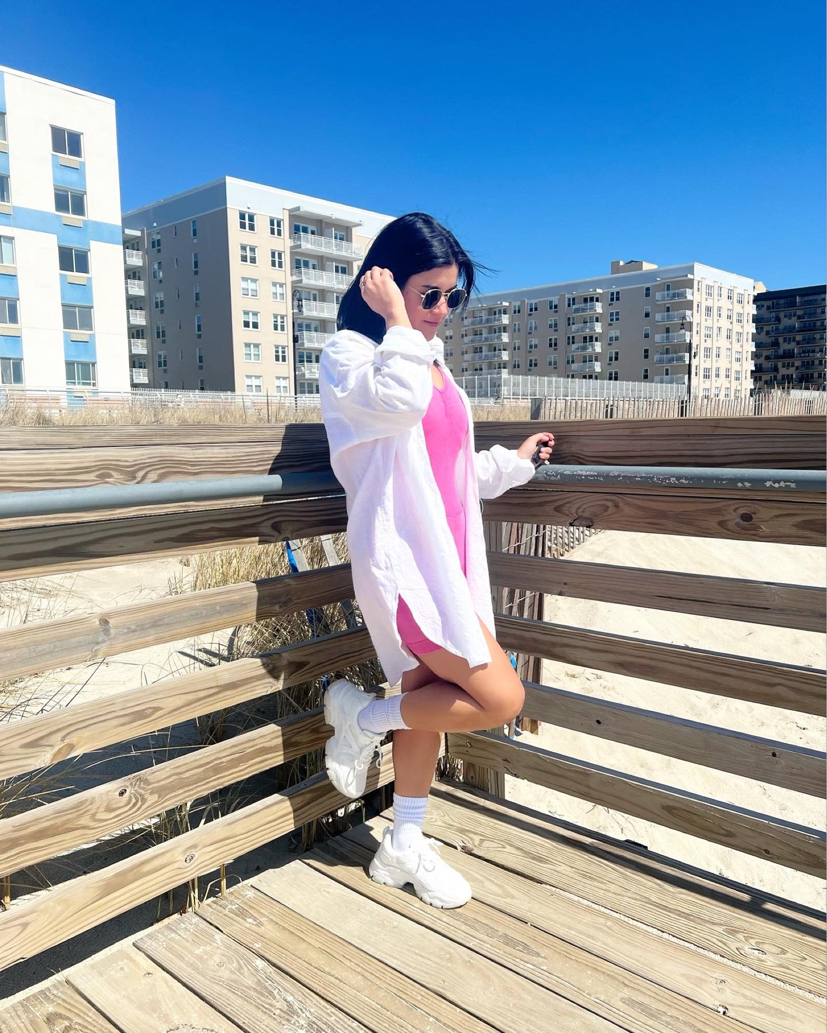 Casual outfit idea - comfy romper, oversized button down, chunky sneakers 

#LTKFind #LTKshoecrush #LTKunder50