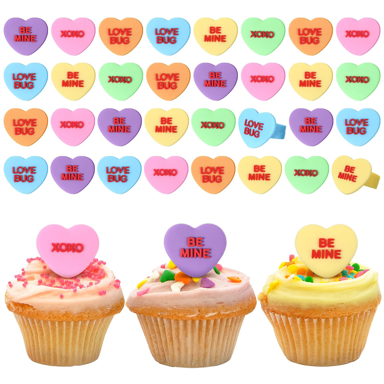 48 Pcs Valentines Day Conversation Heart Cupcake Rings Silicone Cupcake Topper Rings Decorations ... | Amazon (US)